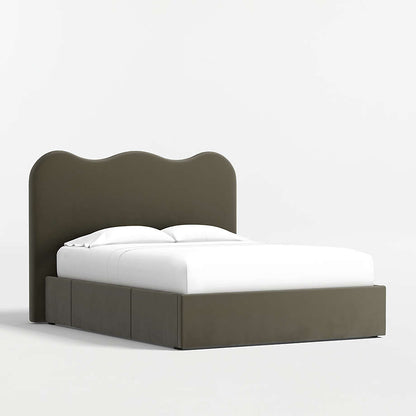 upholstered bed frame with curved scallop headboard and minimalist base
