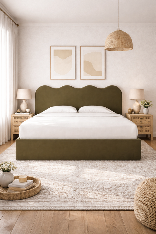 luxury upholstered bed with scalloped headboard and soft curved design