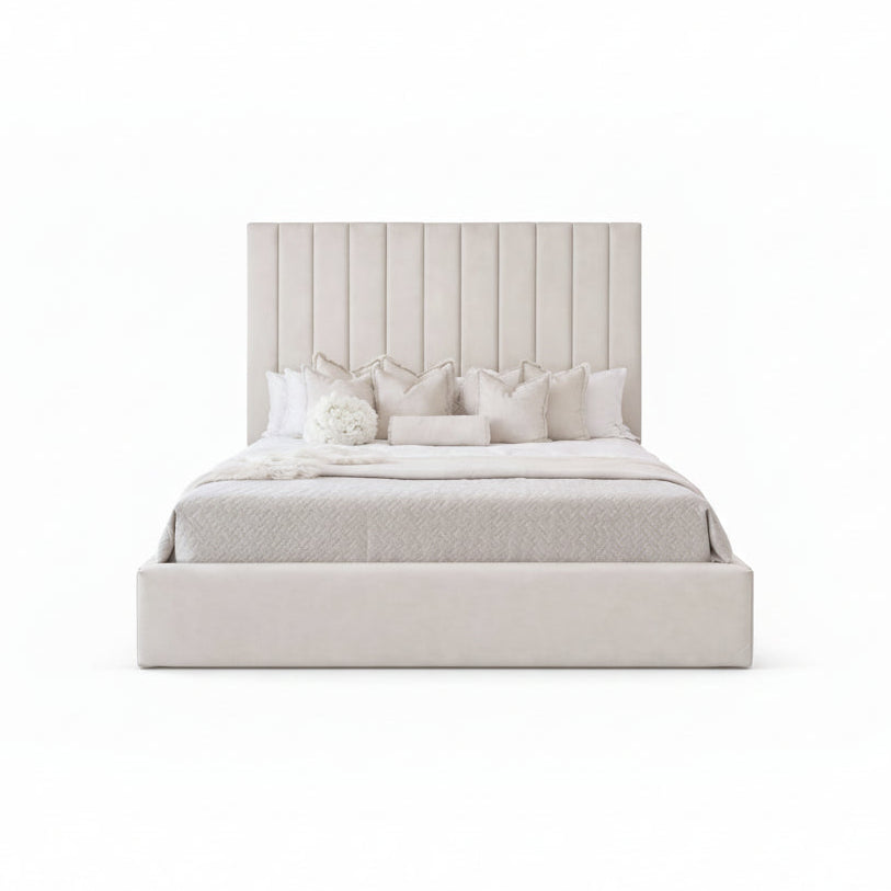 arlo bed with tall vertical channel headboard and upholstered base
