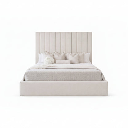 arlo bed with tall vertical channel headboard and upholstered base