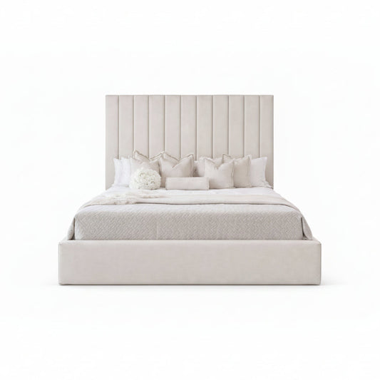 arlo bed with tall vertical channel headboard and upholstered base