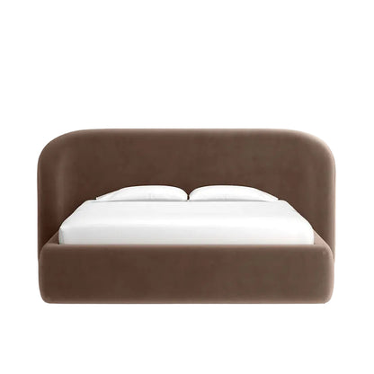 aura bed with curved wraparound headboard in soft upholstered fabric
