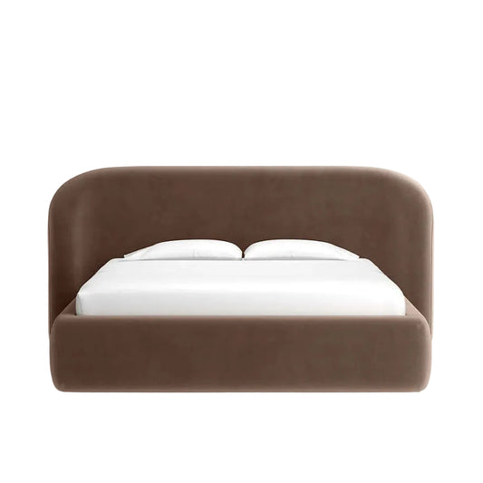 aura bed with curved wraparound headboard in soft upholstered fabric
