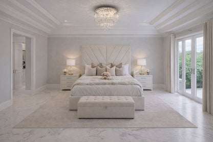modern upholstered bed with angled headboard panels and clean base