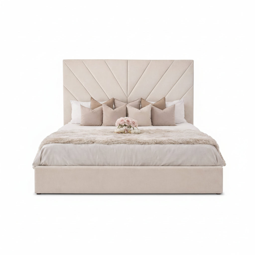 aurelia bed with angled panelled headboard and upholstered base