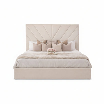 aurelia bed with angled panelled headboard and upholstered base