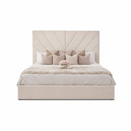 aurelia bed with angled panelled headboard and upholstered base