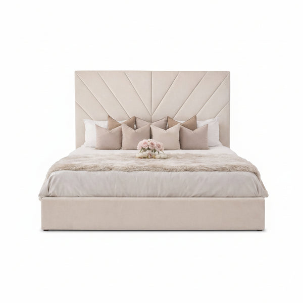 aurelia bed with angled panelled headboard and upholstered base