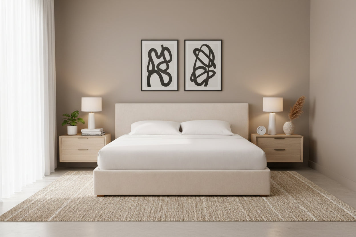 minimalist upholstered bed with low profile base and elegant finish
