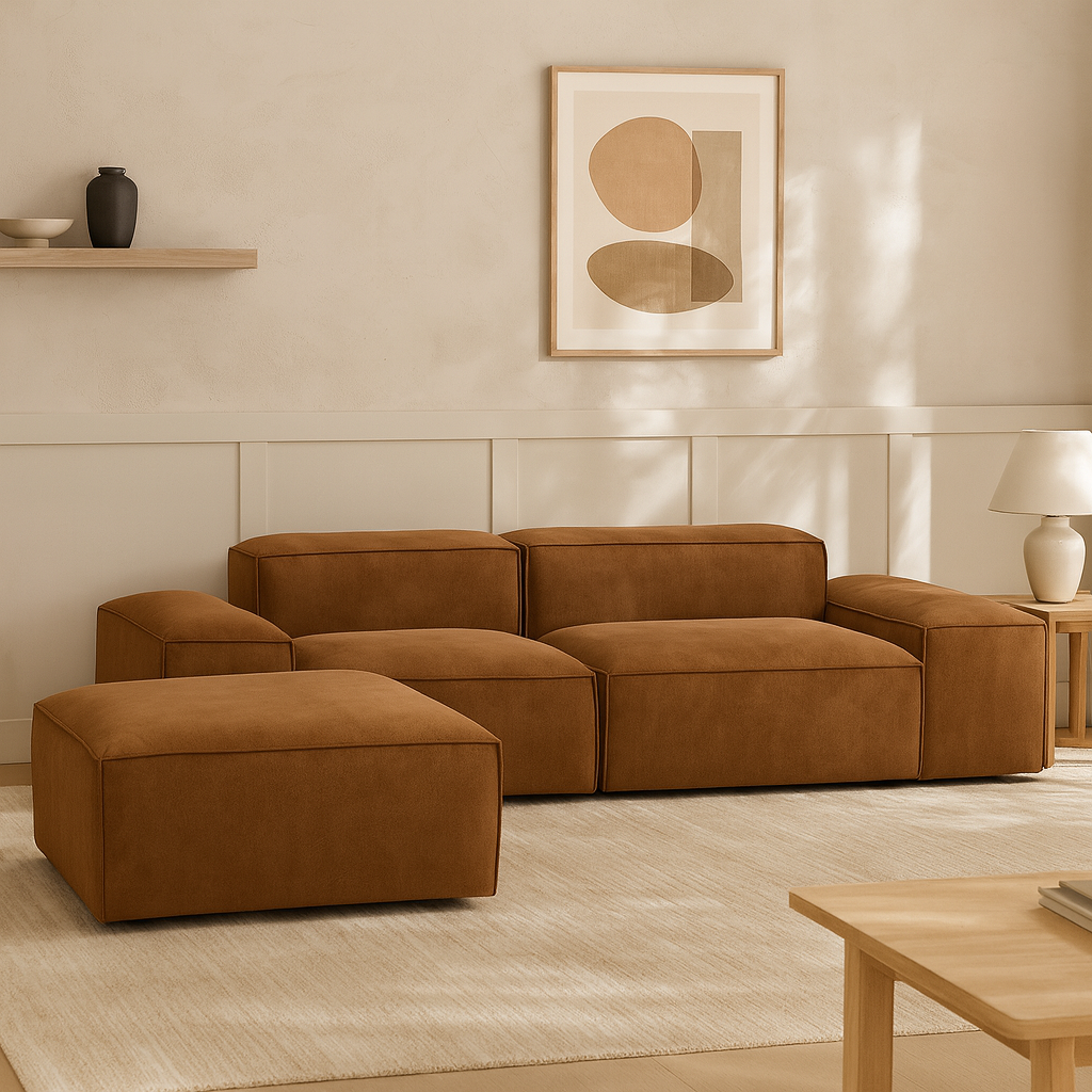 modular 2 seat sofa with extra wide low arms and footstool for relaxed contemporary living
