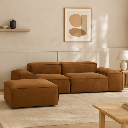 modular 2 seat sofa with extra wide low arms and footstool for relaxed contemporary living
