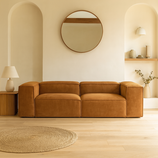 contemporary modular 2 seater sofa with soft fabric and structured design
