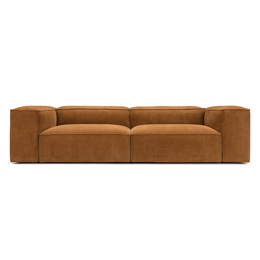 brown modular 2 seater sofa with deep cushions and clean lines in a contemporary living room
