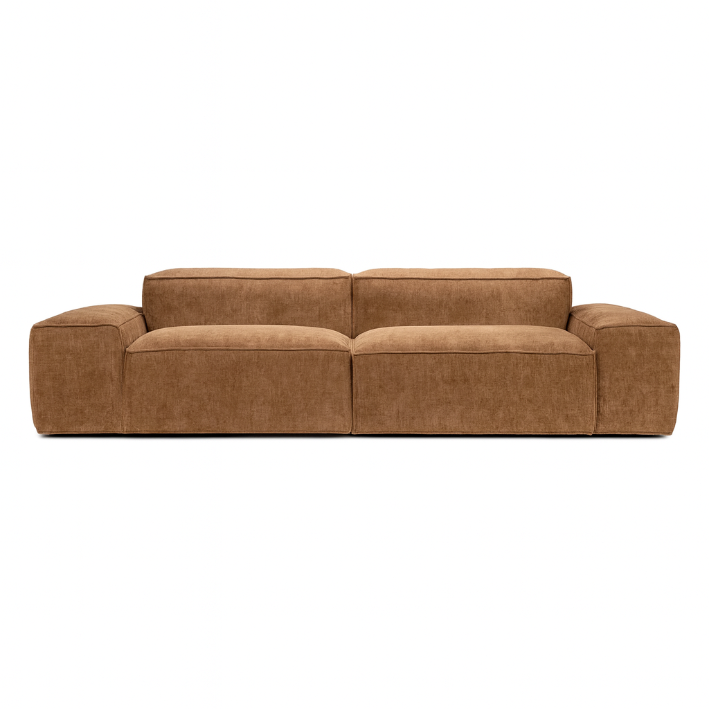 brown modular 2 seater sofa with oversized xl arms in a warm contemporary living room setting
