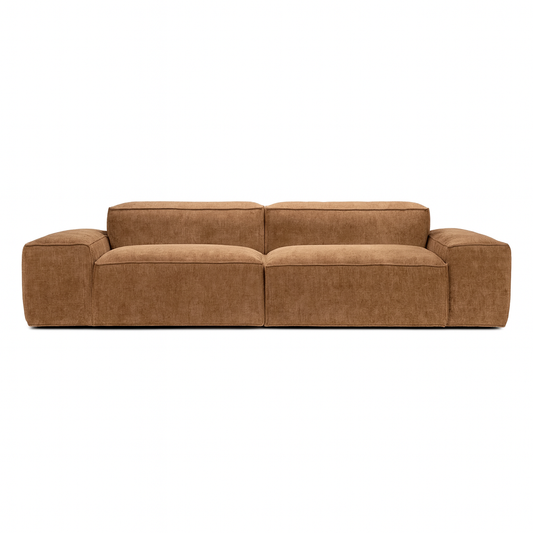 brown modular 2 seater sofa with oversized xl arms in a warm contemporary living room setting
