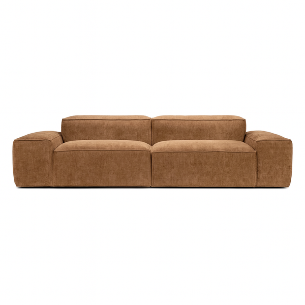brown modular 2 seater sofa with oversized xl arms in a warm contemporary living room setting
