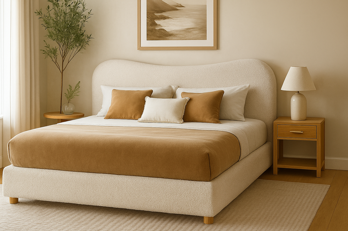 modern upholstered bed with smooth curved headboard and low profile base