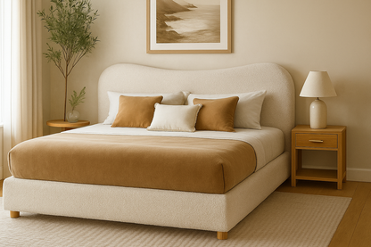 modern upholstered bed with smooth curved headboard and low profile base