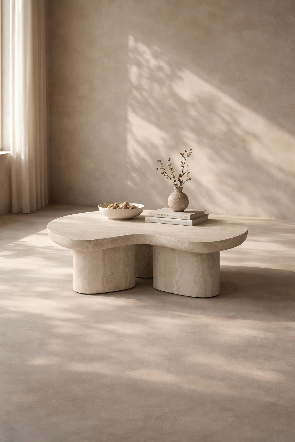 A styled living room scene showing the table as a sculptural focal point, complementing modern and minimalist interiors.