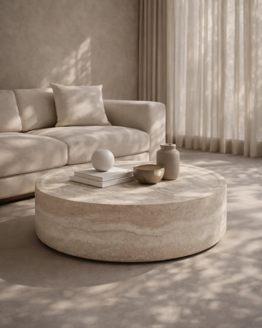 A styled interior shot demonstrating the table as a central feature in a modern lounge setting, paired with soft furnishings and natural textures.