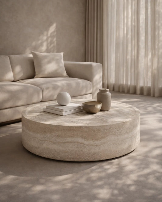 A styled interior shot demonstrating the table as a central feature in a modern lounge setting, paired with soft furnishings and natural textures.