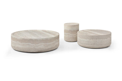 An angled detail view emphasizing the harmony between the faux travertine finish and the soft, organic shape of the design.