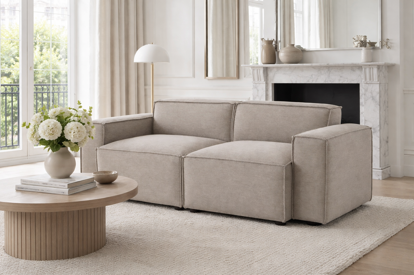 medium modular sofa with clean lines and neutral tone fabric