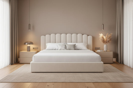 modern bed frame with vertical panel headboard and soft fabric upholstery