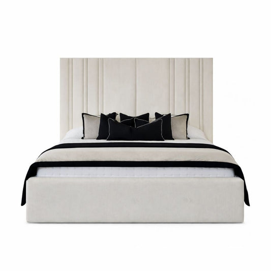 Streamlined silhouette with subtle vertical accents and soft upholstery