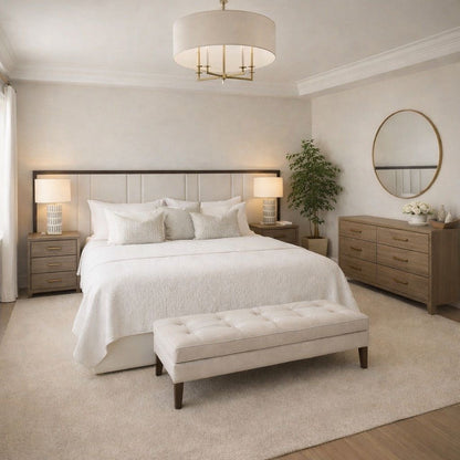 modern upholstered bed frame with clean lines and neutral fabric finish