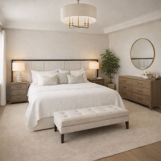 modern upholstered bed frame with clean lines and neutral fabric finish