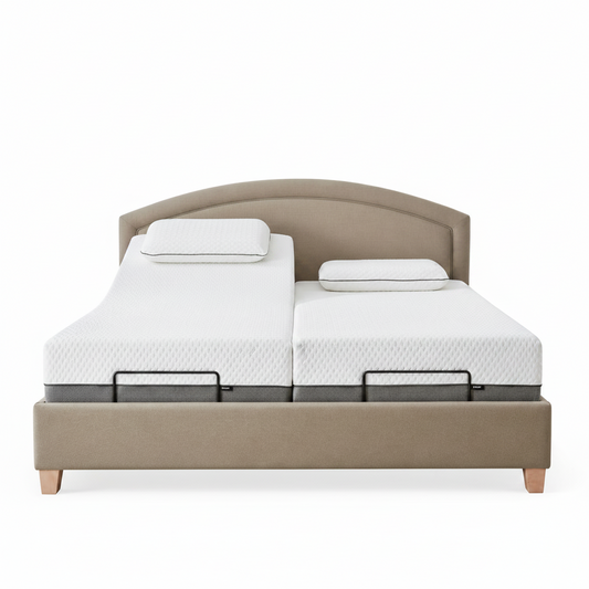 DOVA adjustable bed with independent head and foot elevation and upholstered curved headboard
