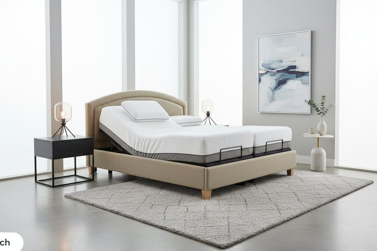 Modern DOVA adjustable bed system with dual adjustable base and premium fabric finish
