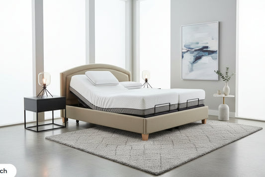 Modern DOVA adjustable bed system with dual adjustable base and premium fabric finish
