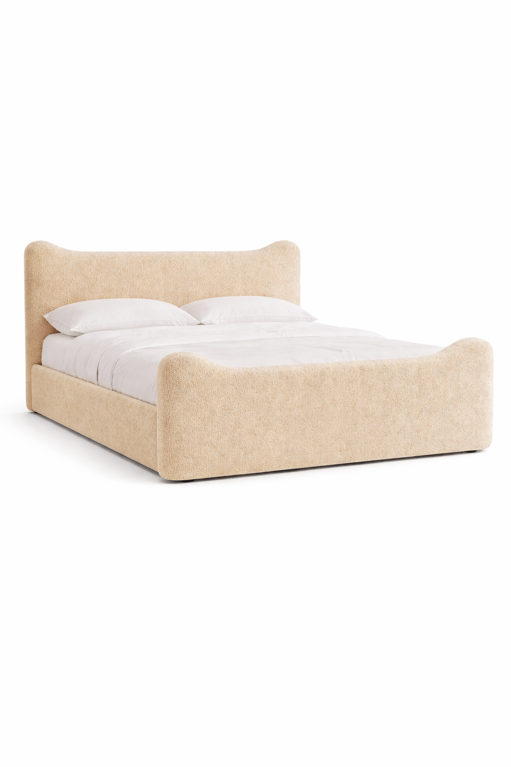  Modern bed frame in textured bouclé fabric with soft padded structure and refined finish