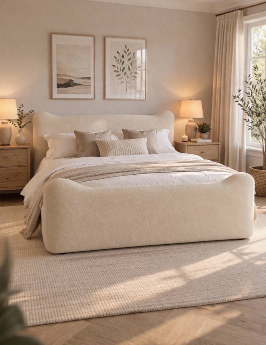 Front view of Drift bed showcasing low profile base and cocooning curved silhouette