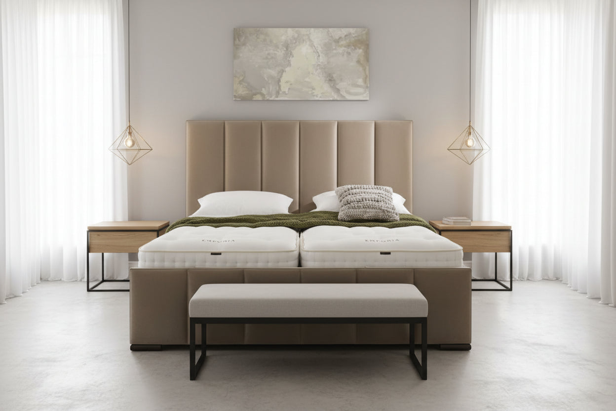 Contemporary ELVO adjustable bed with independent head and foot elevation in a neutral fabric finish
