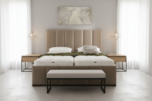 Contemporary ELVO adjustable bed with independent head and foot elevation in a neutral fabric finish
