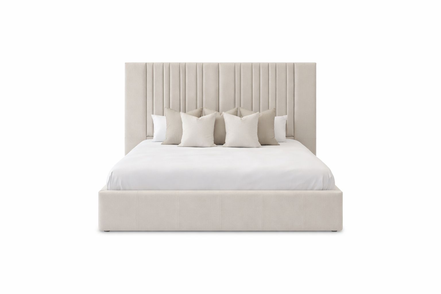 elara bed with tall vertical channelled headboard and upholstered frame