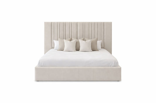 elara bed with tall vertical channelled headboard and upholstered frame