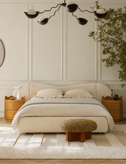 Calm bedroom setup featuring soft tones, textures, and contemporary styling