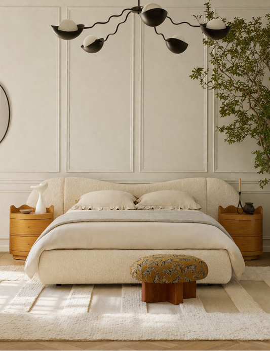 Calm bedroom setup featuring soft tones, textures, and contemporary styling