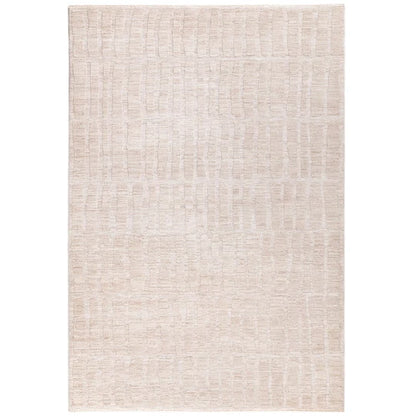 The Fiora Rug is shown in a full top-down studio view on a clean white background, highlighting its 100% wool construction, soft beige-natural tone, and subtle tonal space-dyed design.