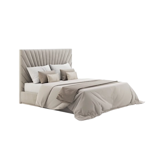 modern bed with curved headboard and soft fabric upholstery