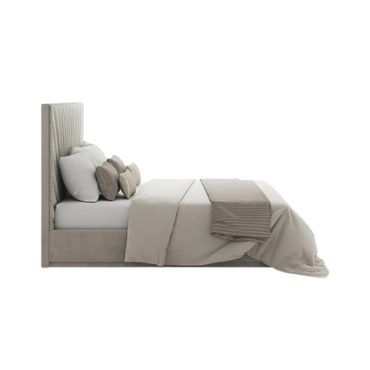 contemporary upholstered bed with sculpted headboard and clean lines
