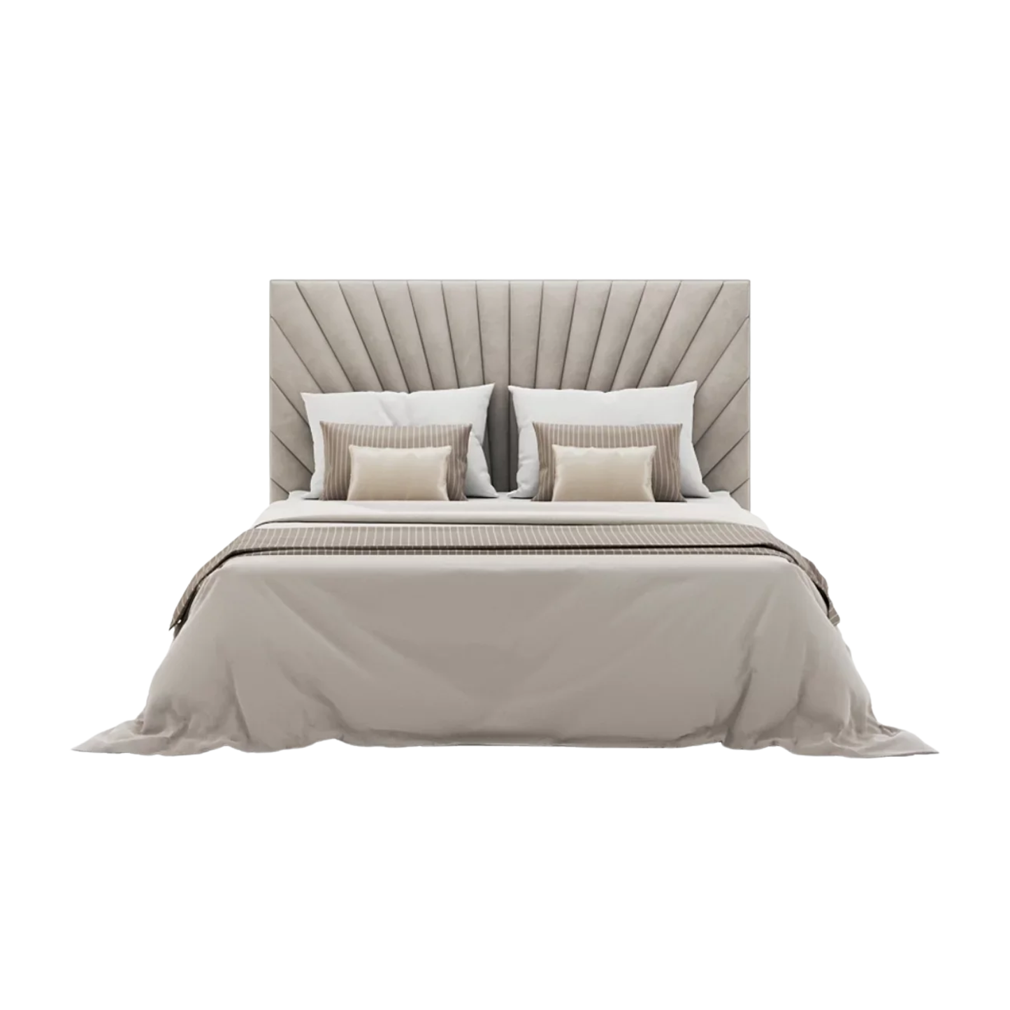 halo bed with curved upholstered headboard and smooth neutral fabric