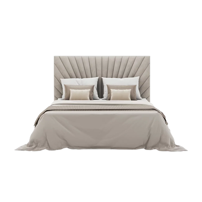 halo bed with curved upholstered headboard and smooth neutral fabric