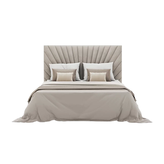 halo bed with curved upholstered headboard and smooth neutral fabric