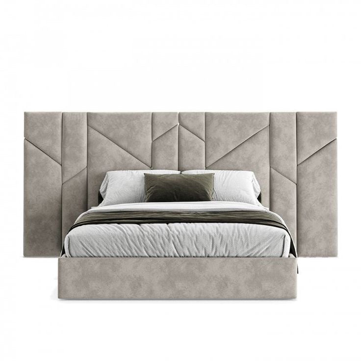hugo bed with upholstered panelled headboard and contemporary neutral fabric