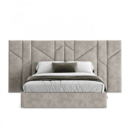 hugo bed with upholstered panelled headboard and contemporary neutral fabric